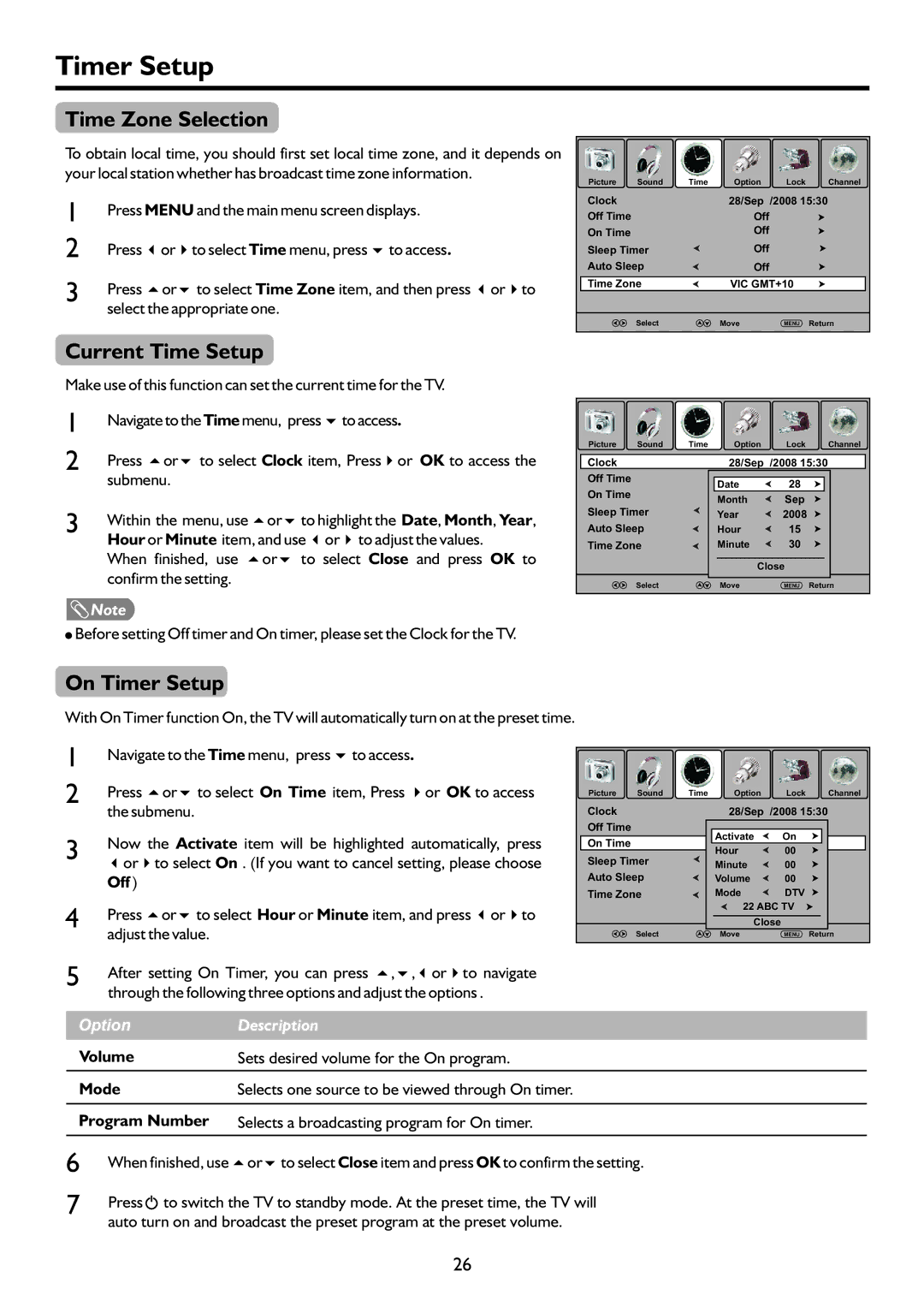 Sanyo LCD-19XR9DA instruction manual Time Zone Selection, Current Time Setup, On Timer Setup 