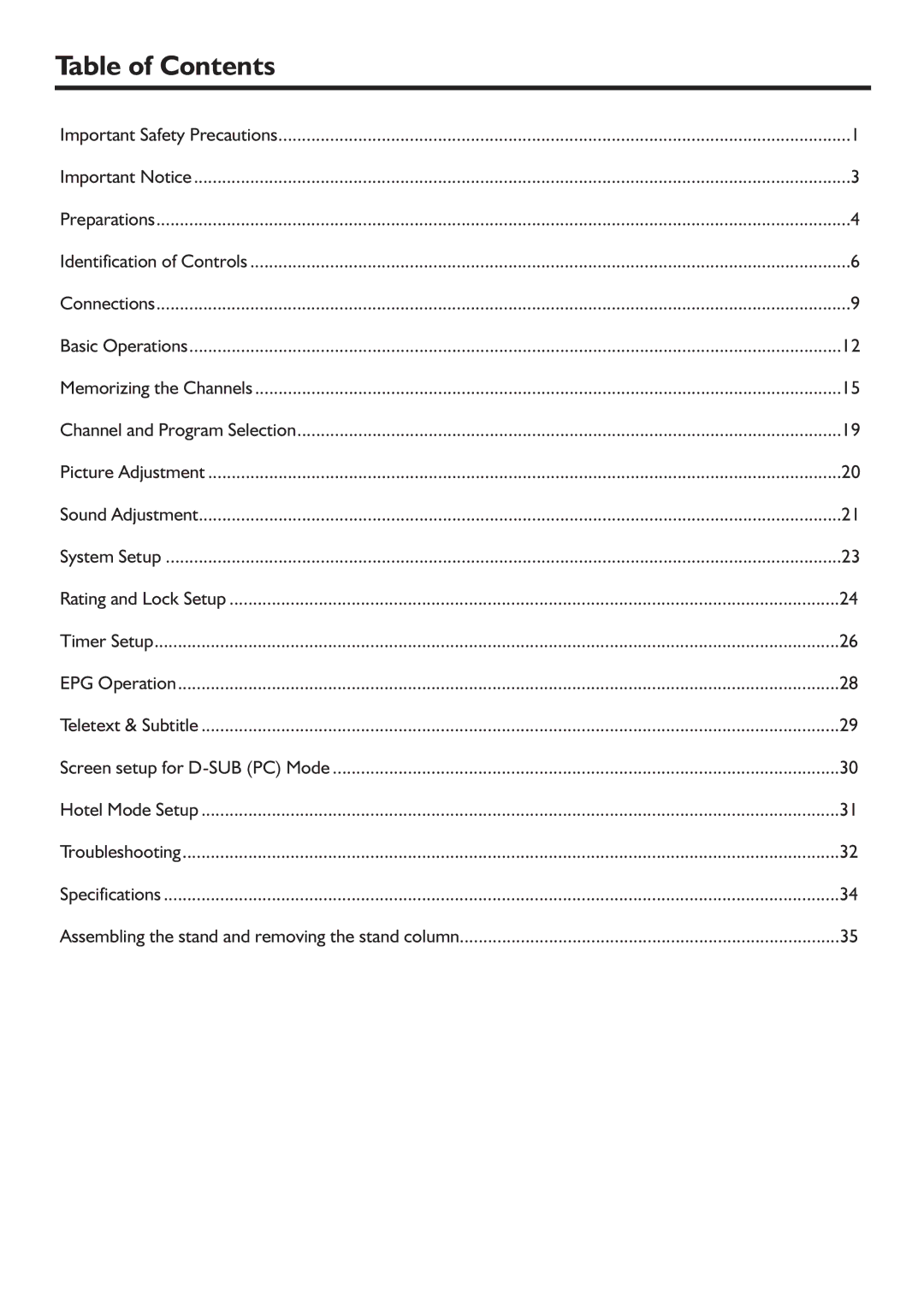 Sanyo LCD-19XR9DA instruction manual Table of Contents 