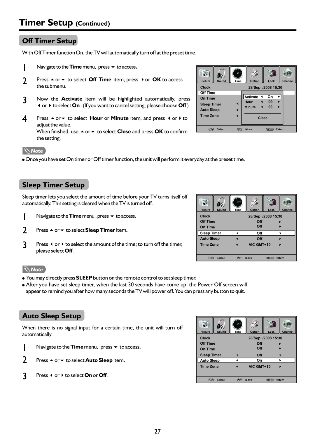 Sanyo LCD-19XR9DA instruction manual Off Timer Setup, Sleep Timer Setup, Auto Sleep Setup 