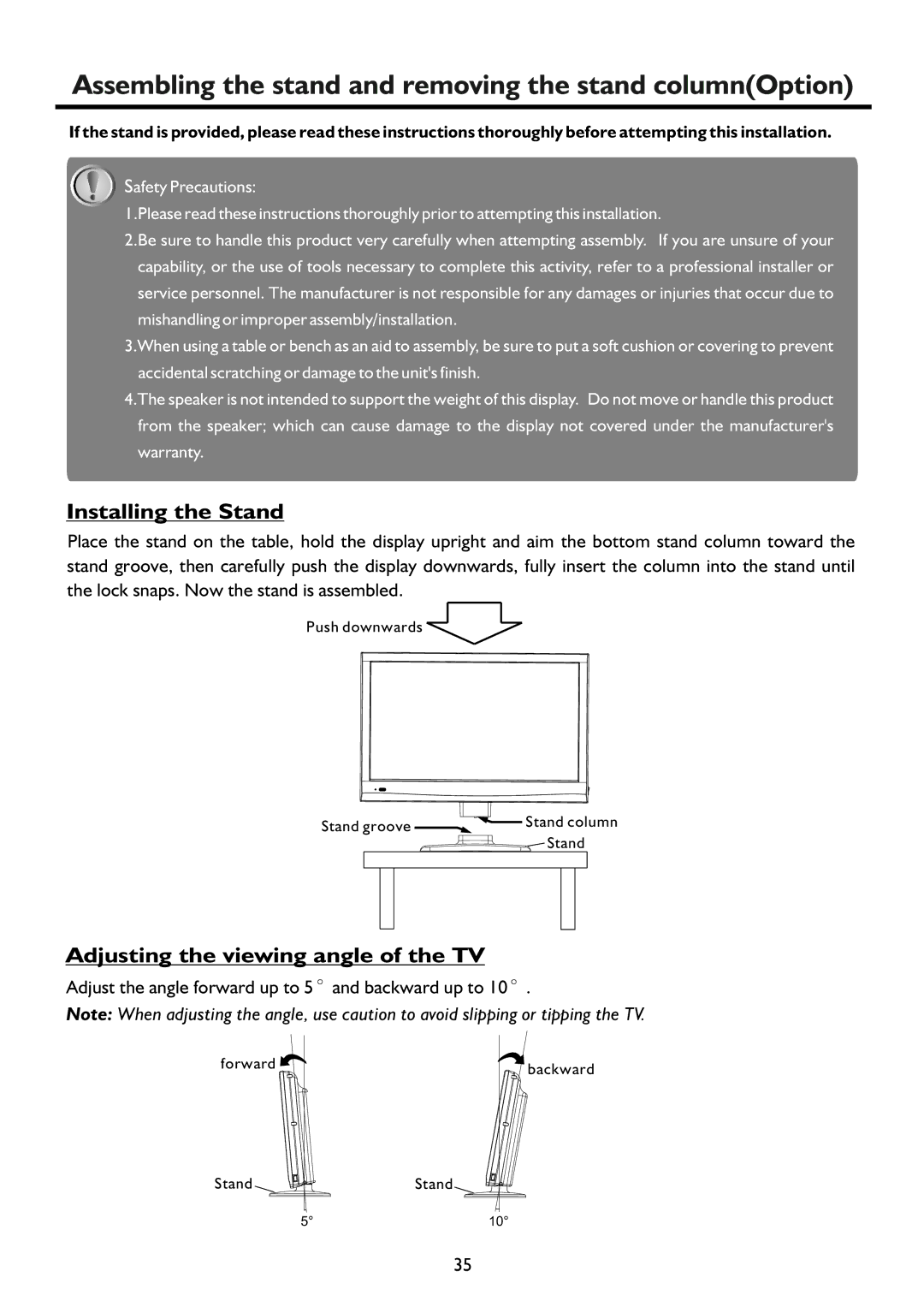 Sanyo LCD-19XR9DA instruction manual Assembling the stand and removing the stand columnOption, Installing the Stand 