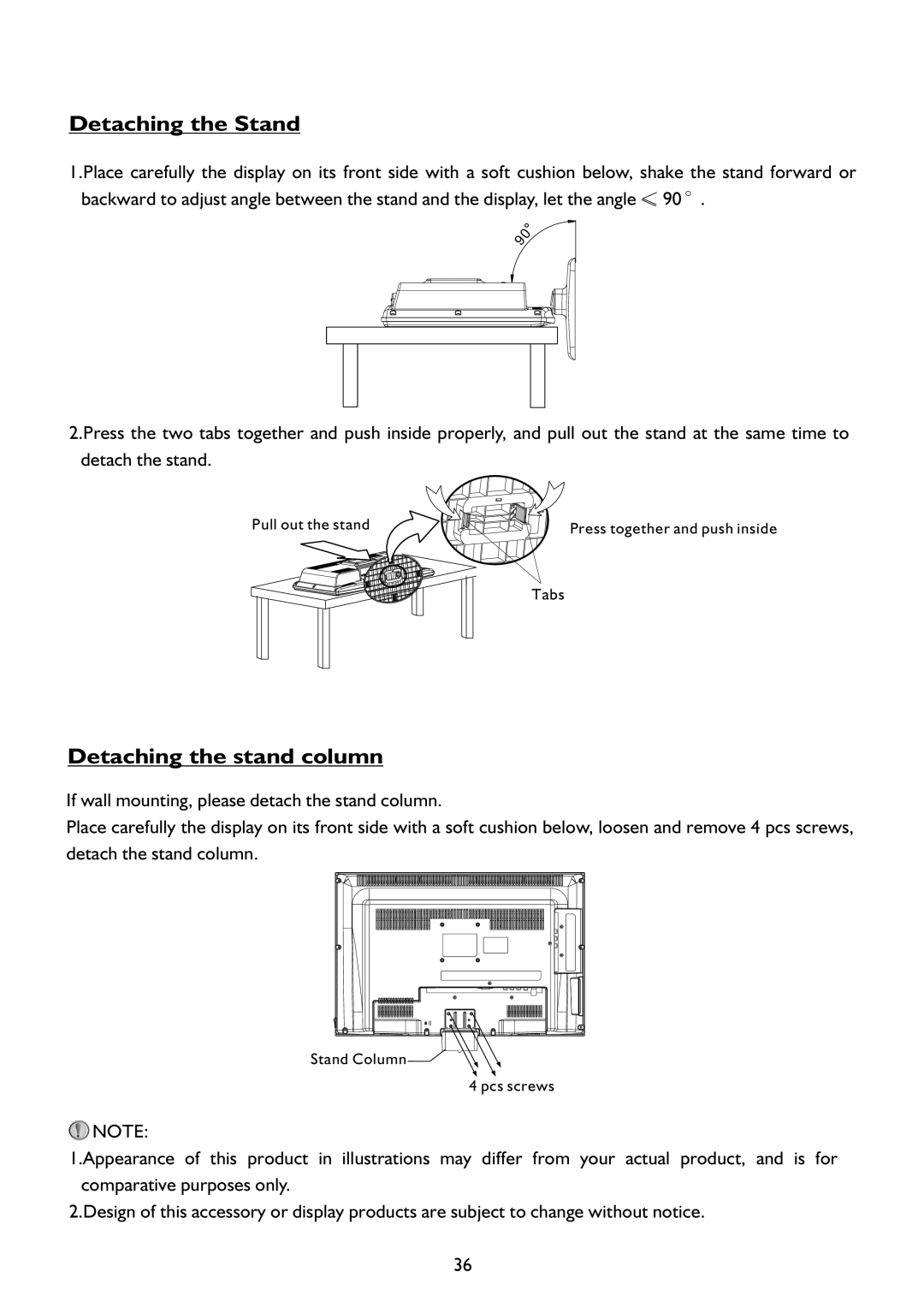 Sanyo LCD-19XR9DA instruction manual Detaching the Stand, Detaching the stand column 