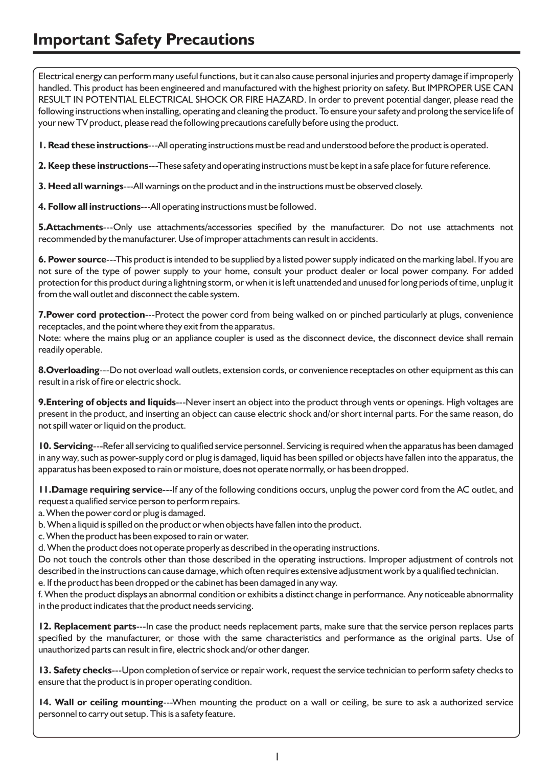 Sanyo LCD-19XR9DA instruction manual Important Safety Precautions 