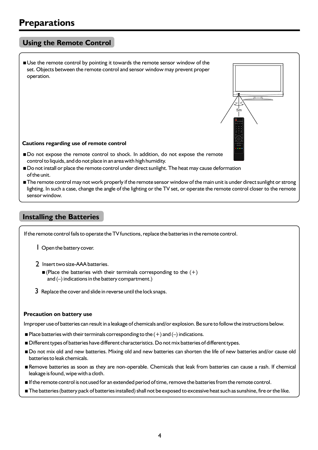 Sanyo LCD-19XR9DA instruction manual Preparations, Using the Remote Control, Installing the Batteries 