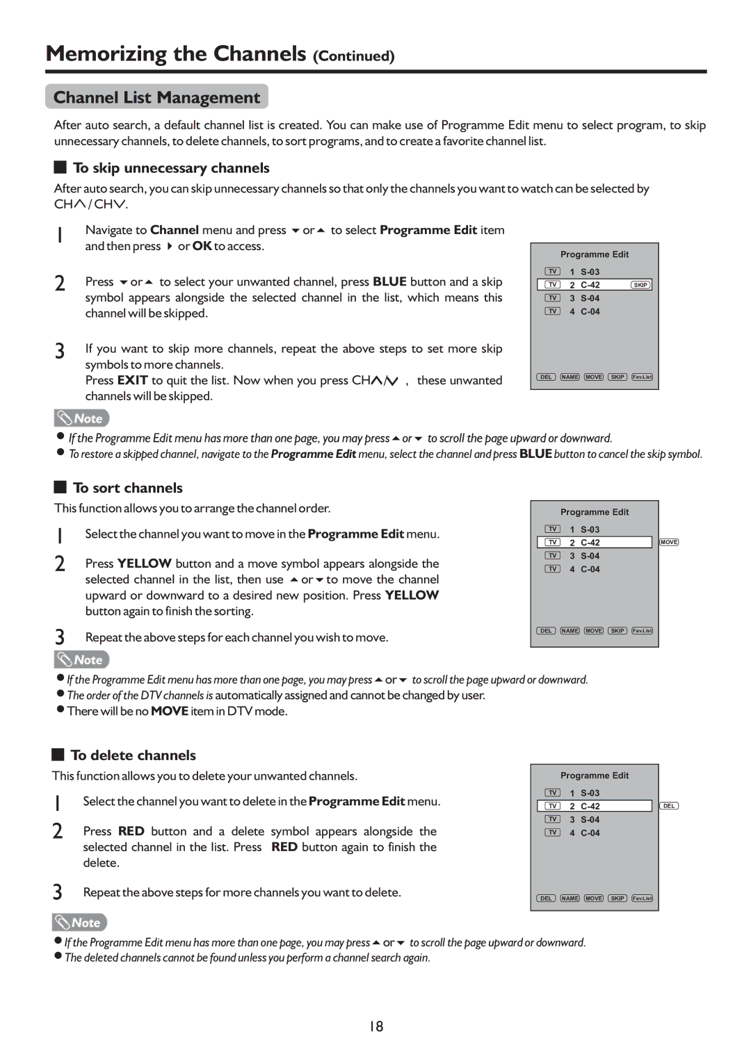 Sanyo LCD-22XR9DA Channel List Management, To skip unnecessary channels, To sort channels, To delete channels 