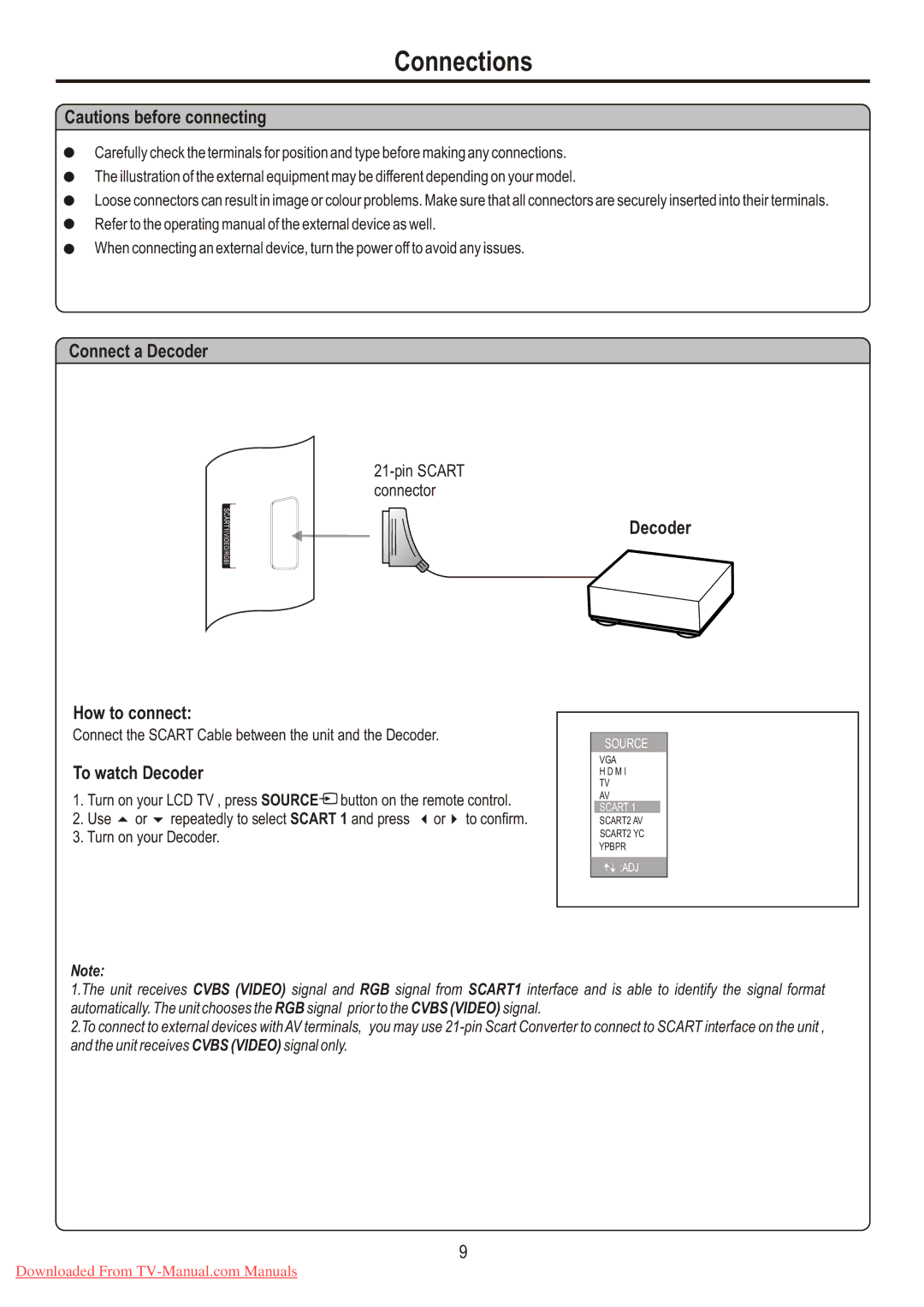 Sanyo LCD-26XL7 instruction manual Connections, Connect a Decoder, How to connect, To watch Decoder 