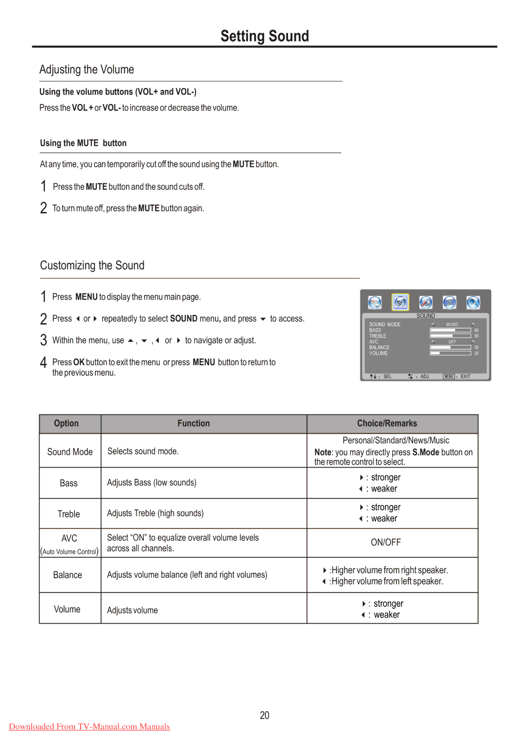 Sanyo LCD-26XL7 Setting Sound, Adjusting the Volume, Customizing the Sound, Using the volume buttons VOL+ and VOL 