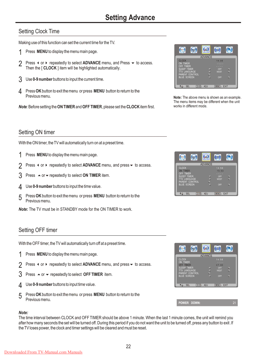 Sanyo LCD-26XL7 instruction manual Setting Advance, Setting Clock Time, Setting on timer, Setting OFF timer 