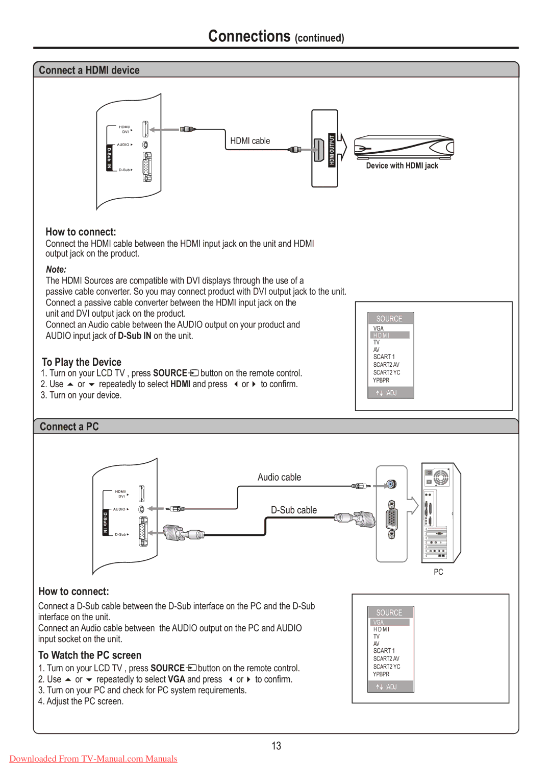 Sanyo LCD-26XR7 instruction manual Connect a Hdmi device, To Play the Device, Connect a PC, To Watch the PC screen 