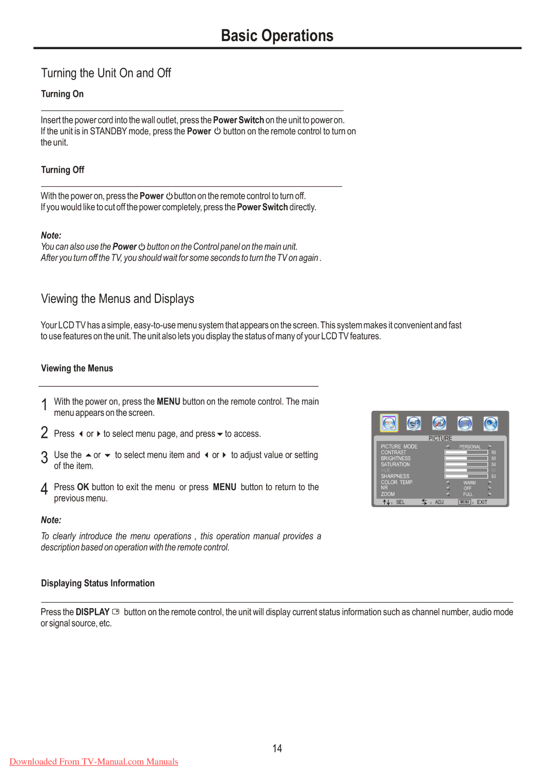 Sanyo LCD-26XR7 instruction manual Basic Operations, Turning the Unit On and Off, Viewing the Menus and Displays 