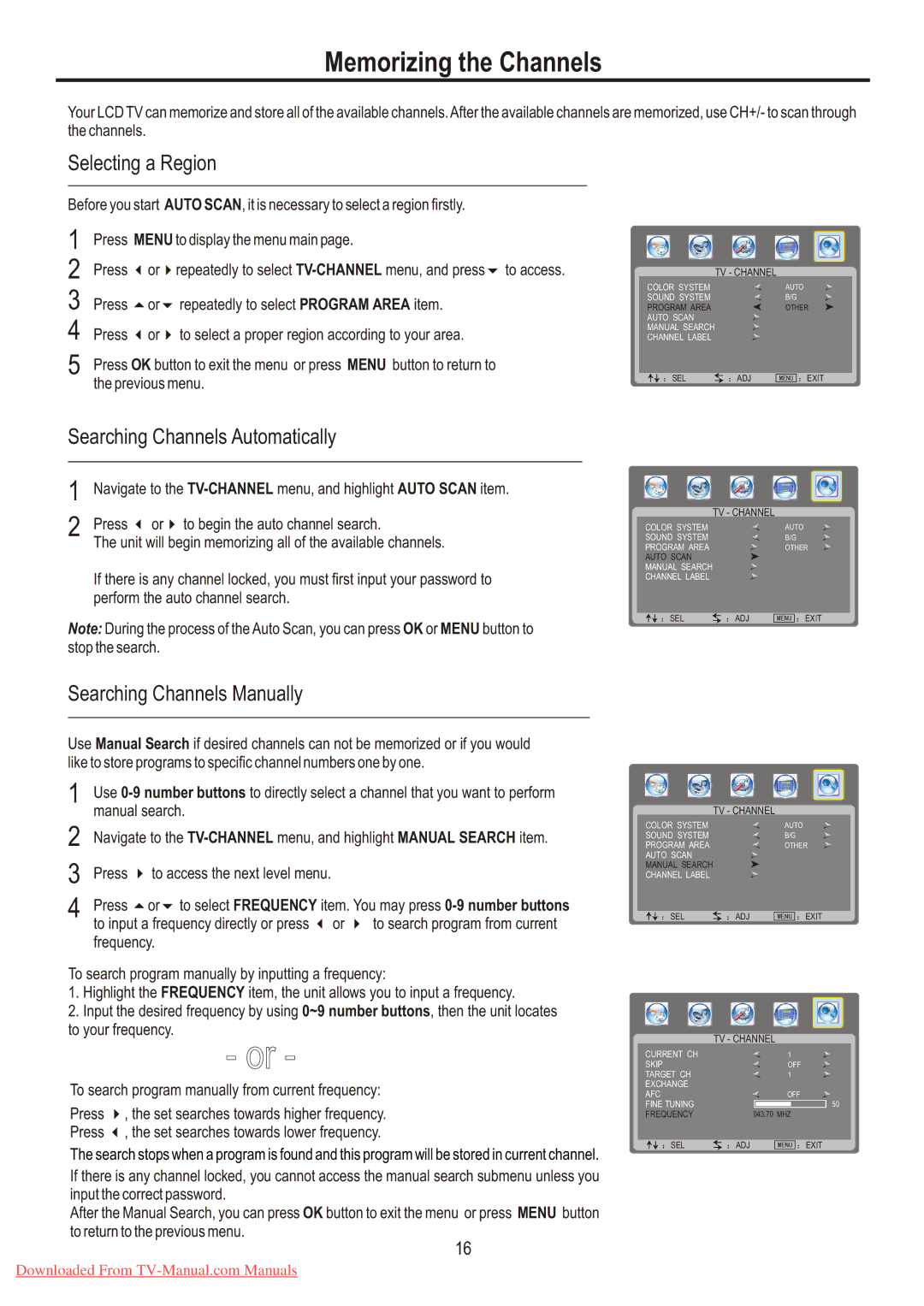 Sanyo LCD-26XR7 Memorizing the Channels, Selecting a Region, Searching Channels Automatically, Searching Channels Manually 