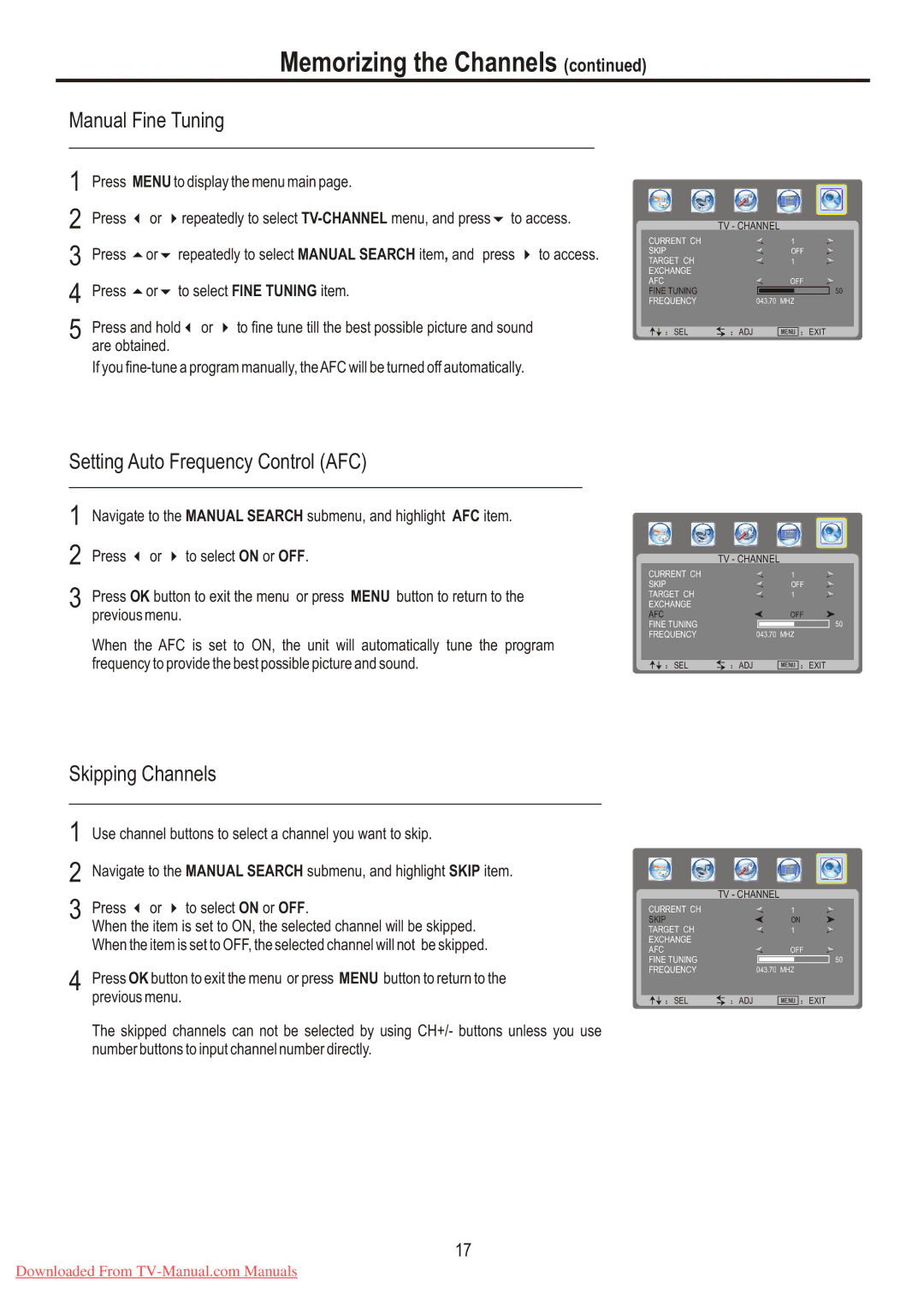 Sanyo LCD-26XR7 instruction manual Manual Fine Tuning, Setting Auto Frequency Control AFC, Skipping Channels 