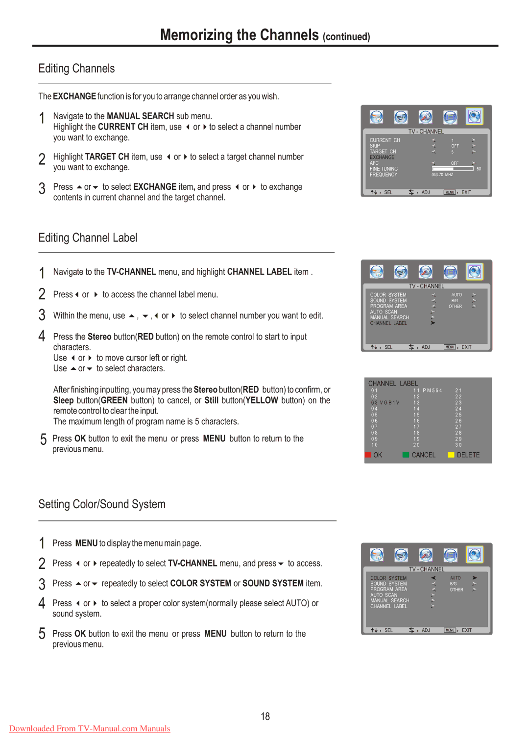 Sanyo LCD-26XR7 instruction manual Editing Channels, Editing Channel Label, Setting Color/Sound System 