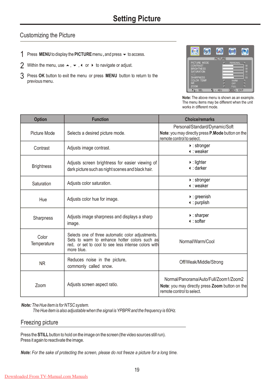 Sanyo LCD-26XR7 Setting Picture, Customizing the Picture, Freezing picture, Option Function Choice/remarks 