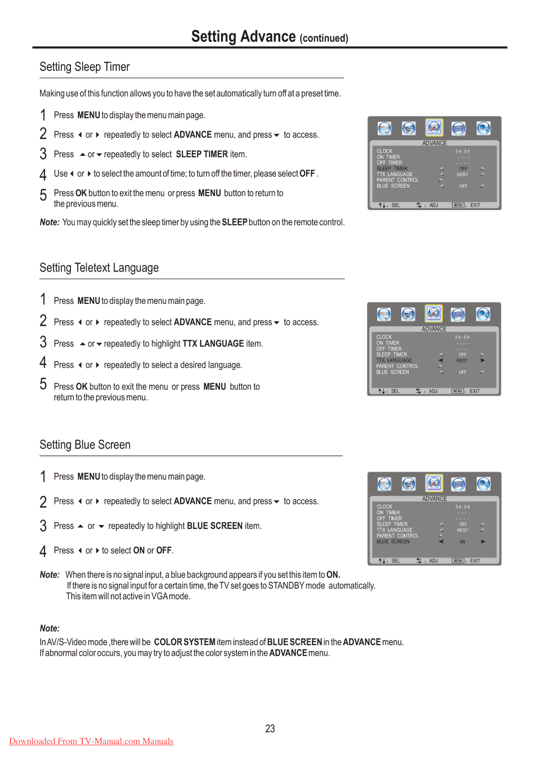 Sanyo LCD-26XR7 instruction manual Setting Sleep Timer, Setting Teletext Language, Setting Blue Screen 