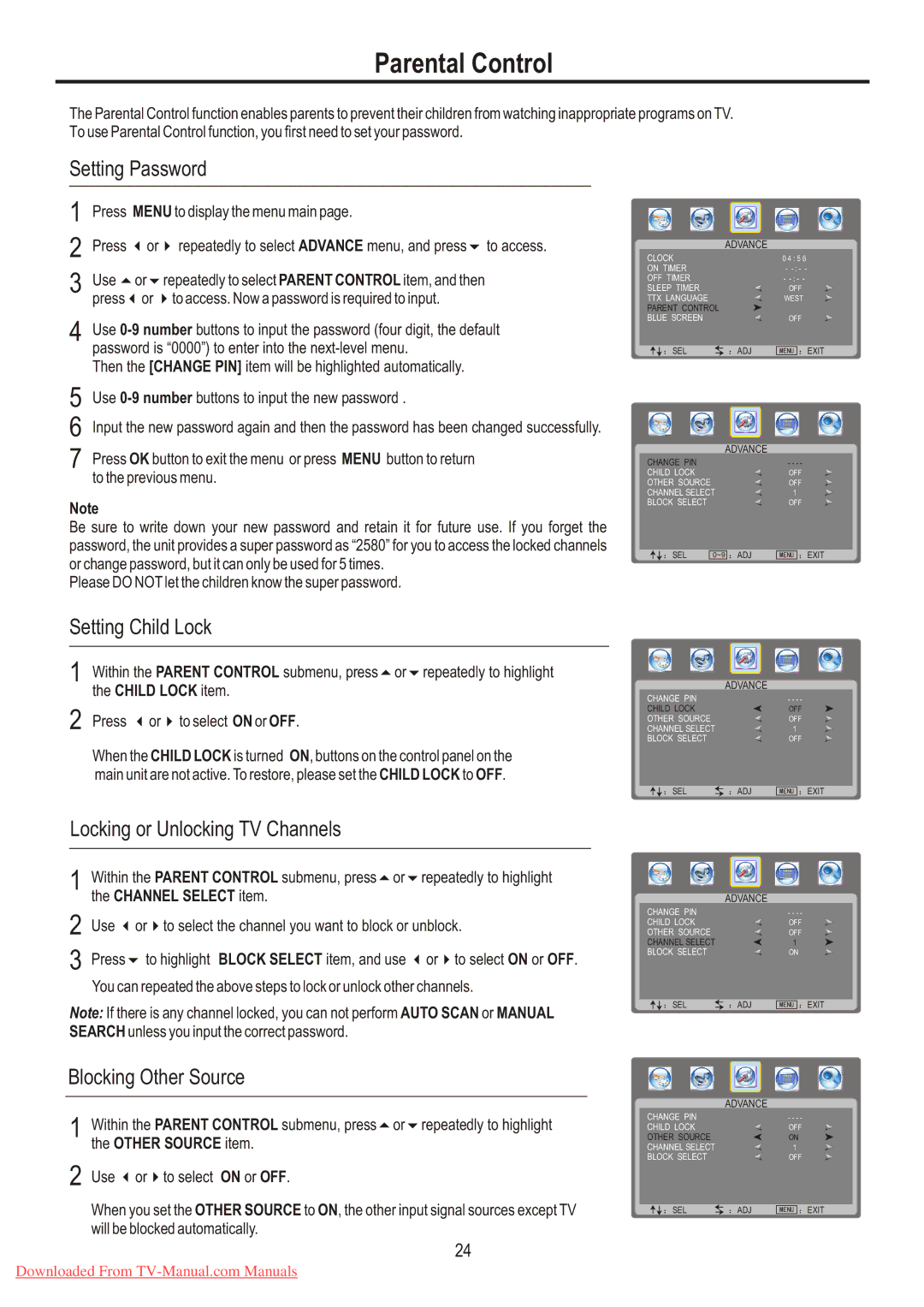 Sanyo LCD-26XR7 instruction manual Parental Control, Setting Password, Setting Child Lock, Locking or Unlocking TV Channels 