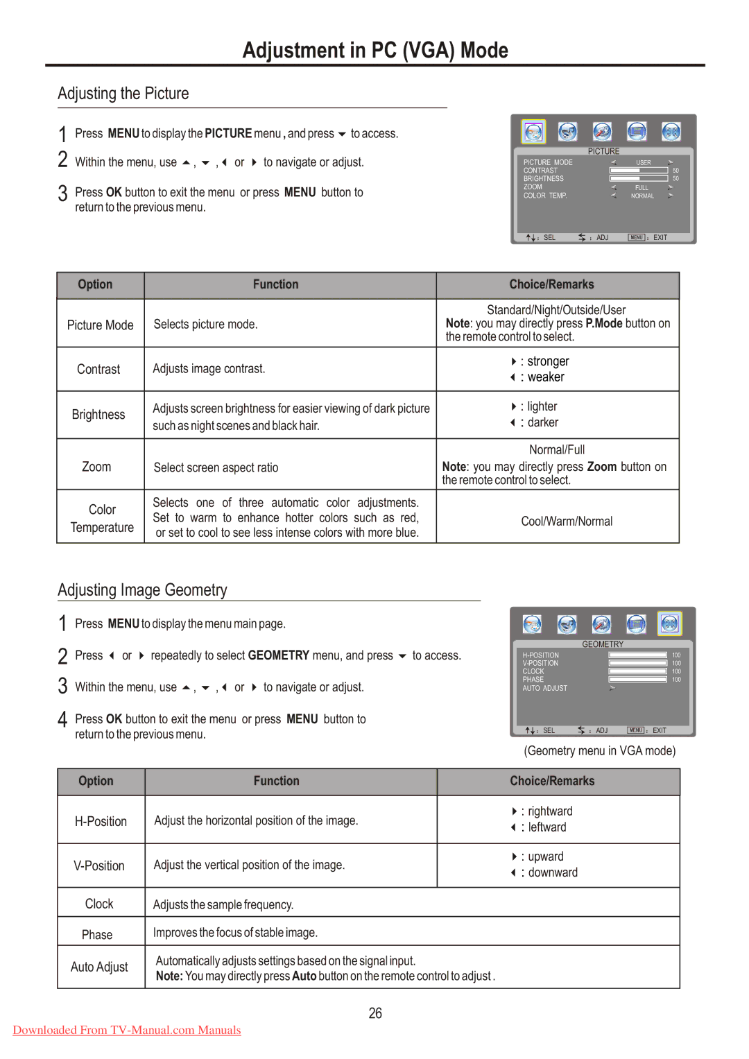 Sanyo LCD-26XR7 instruction manual Adjustment in PC VGA Mode, Adjusting the Picture, Adjusting Image Geometry 