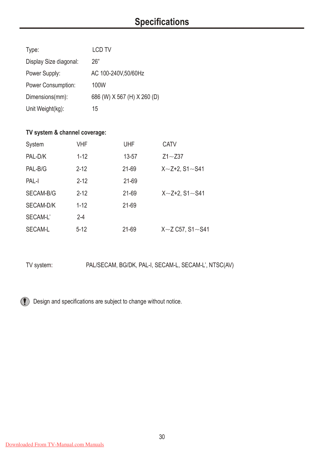 Sanyo LCD-26XR7 instruction manual Specifications, TV system & channel coverage 