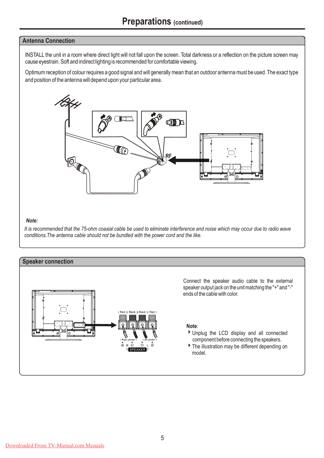 Sanyo LCD-26XR7 instruction manual Antenna Connection, Speaker connection 