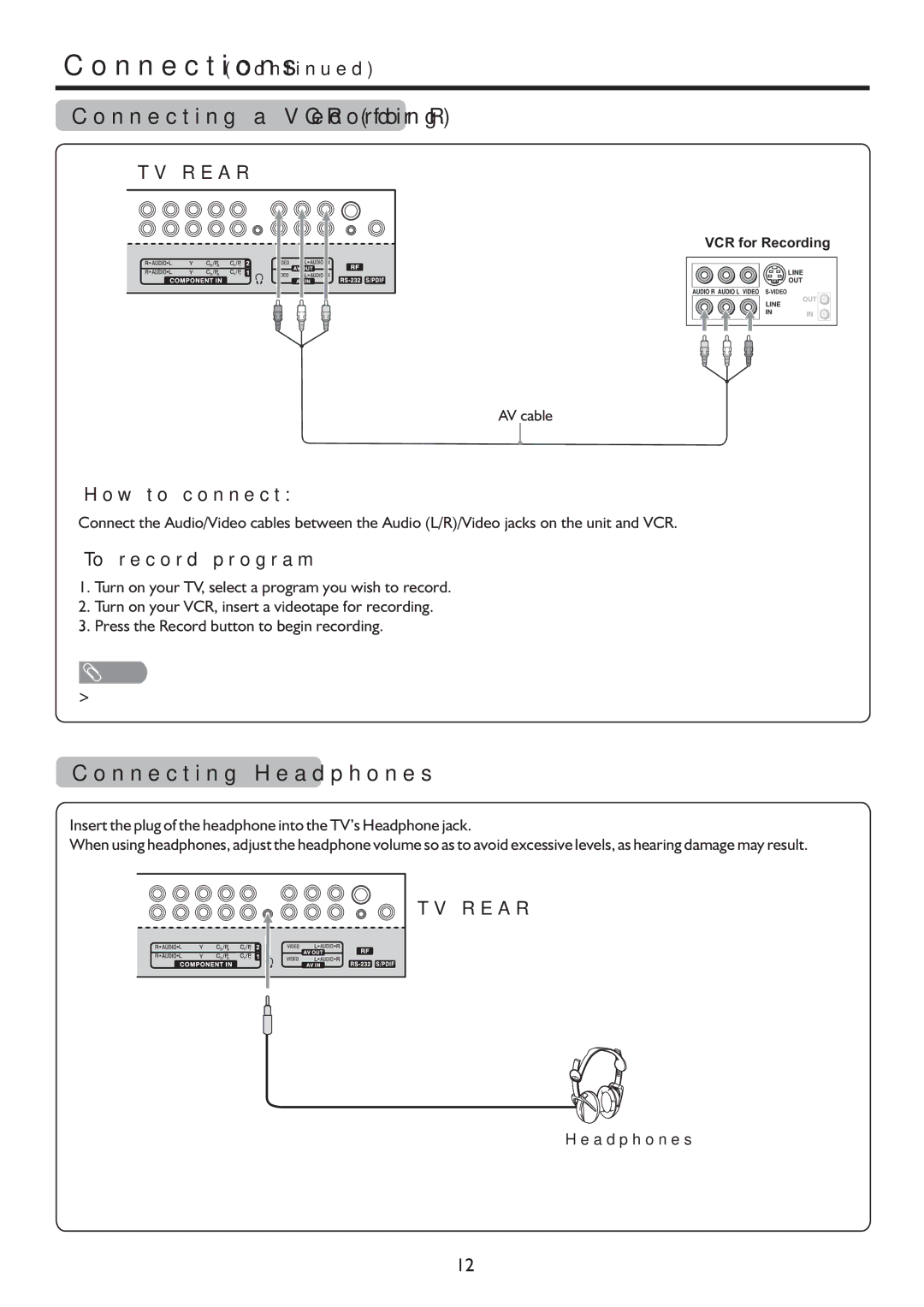 Sanyo LCD-26XR9DA instruction manual Connecting a VCR for Recording, Connecting Headphones, To record program 