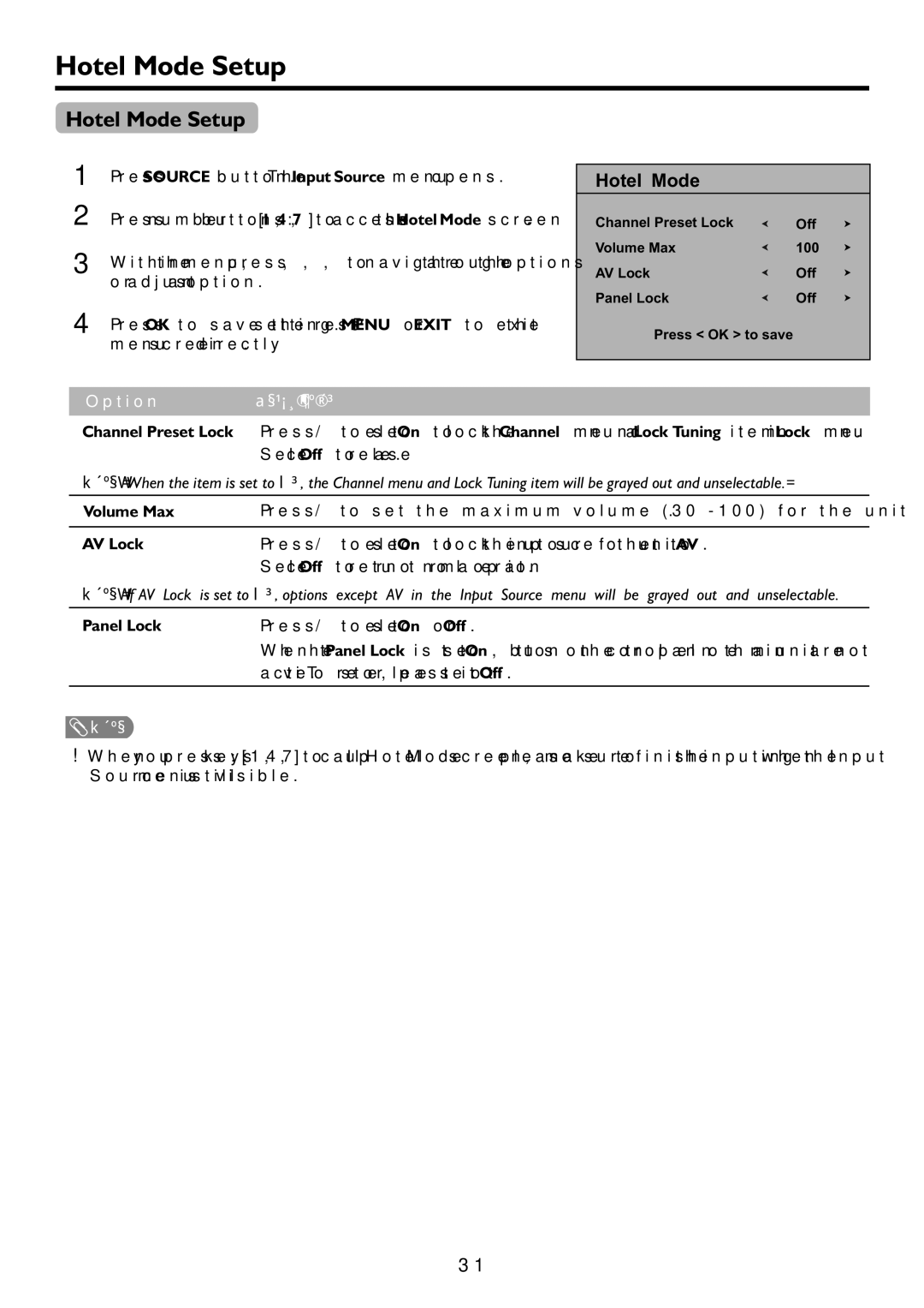 Sanyo LCD-26XR9DA instruction manual Hotel Mode Setup 