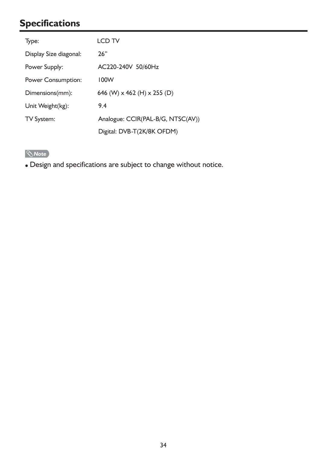 Sanyo LCD-26XR9DA instruction manual Specifications, Lcd Tv 