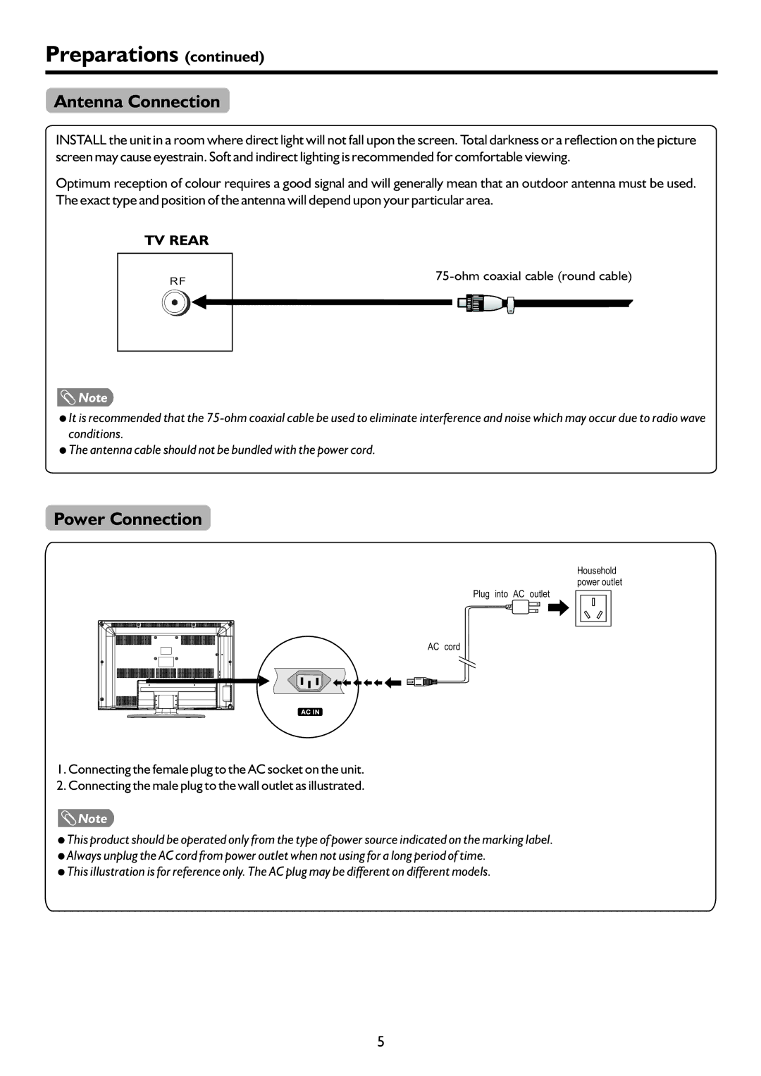 Sanyo LCD-26XR9DA instruction manual Antenna Connection, Power Connection 