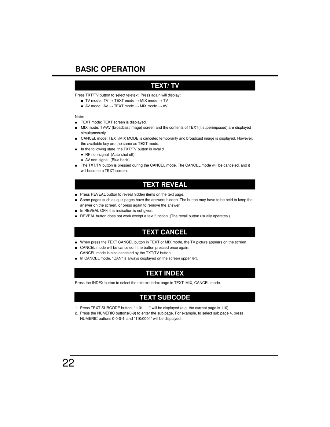 Sanyo LCD-42CA9S, LCD-32CA9S, LCD-37CA9S owner manual Text/ Tv, Text Reveal, Text Cancel, Text Index, Text Subcode 