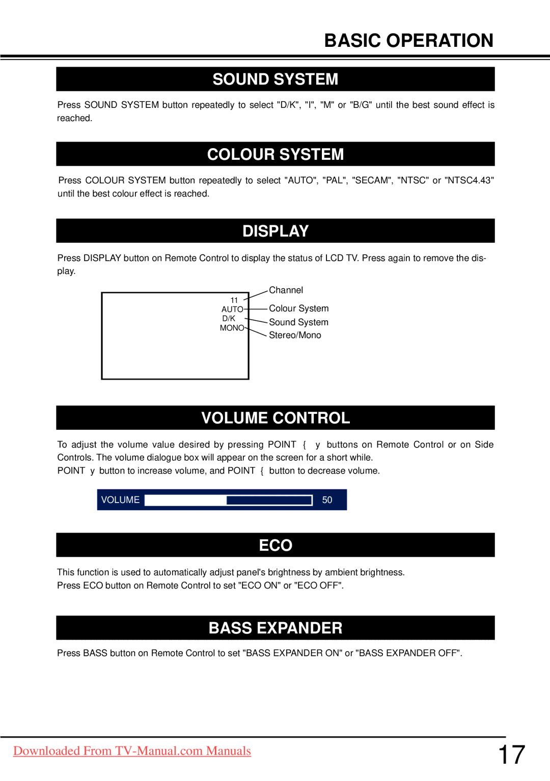 Sanyo LCD-37CA9S, LCD-32CA9S, LCD-42CA9S Sound System, Colour System, Display, Volume Control, Eco, Bass Expander 