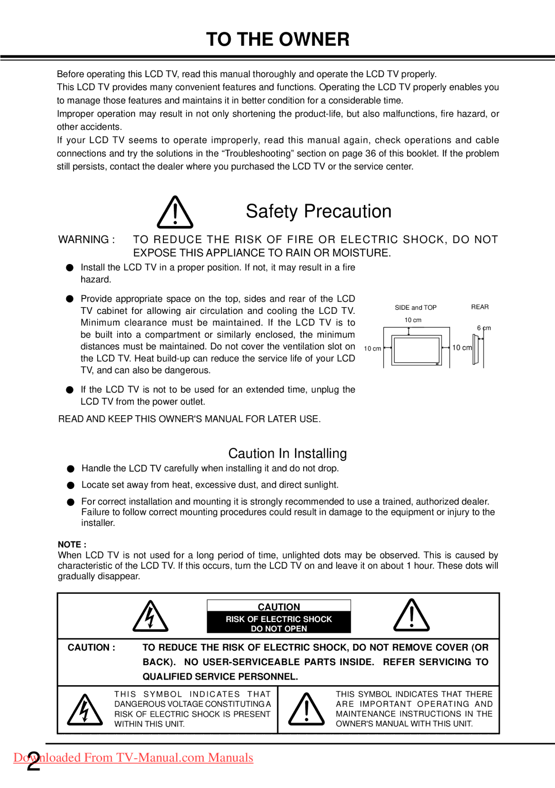 Sanyo LCD-37CA9S, LCD-32CA9S, LCD-42CA9S owner manual To the Owner, Safety Precaution 