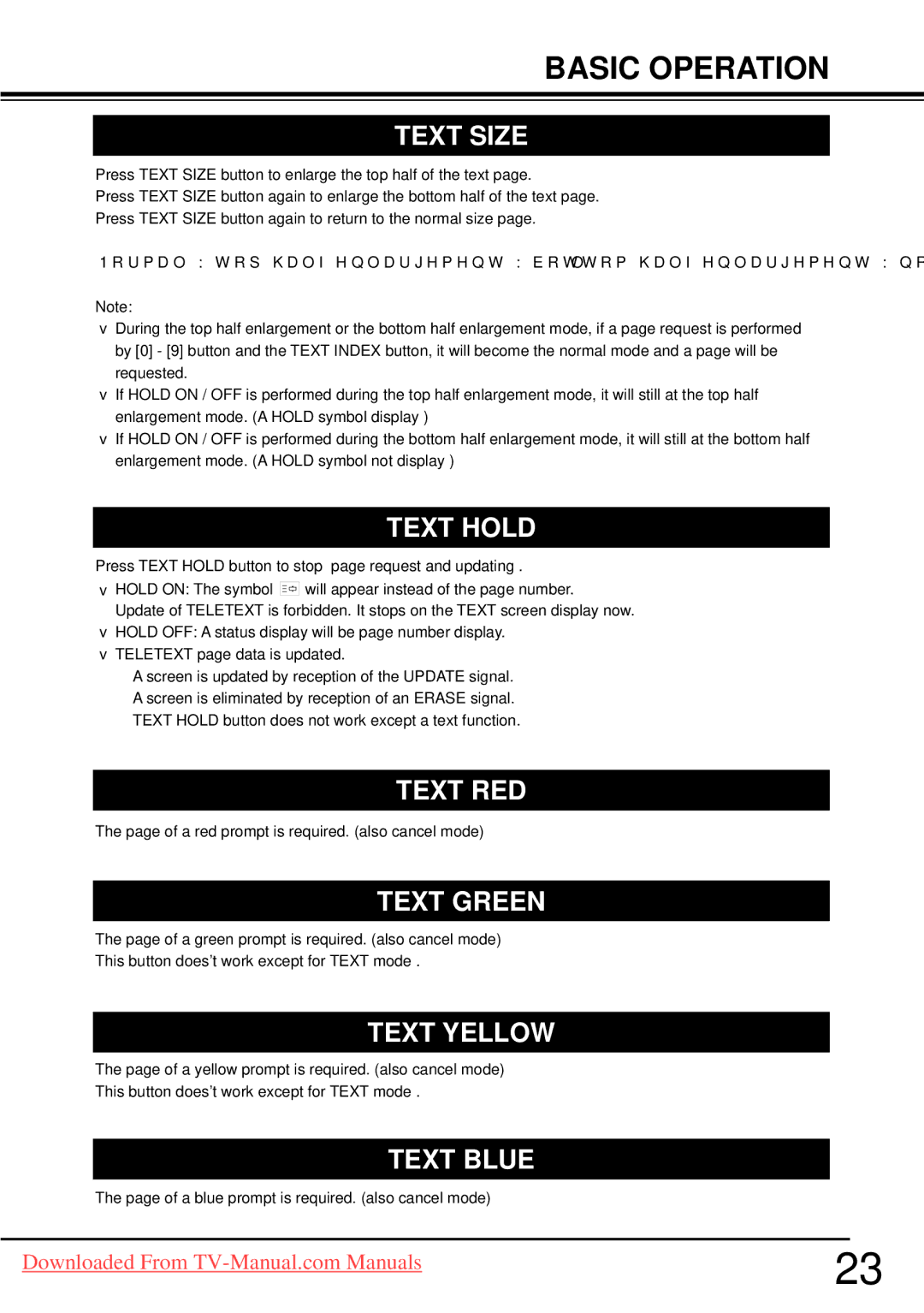 Sanyo LCD-37CA9S, LCD-32CA9S, LCD-42CA9S owner manual Text Size, Text Hold, Text RED, Text Green, Text Yellow, Text Blue 