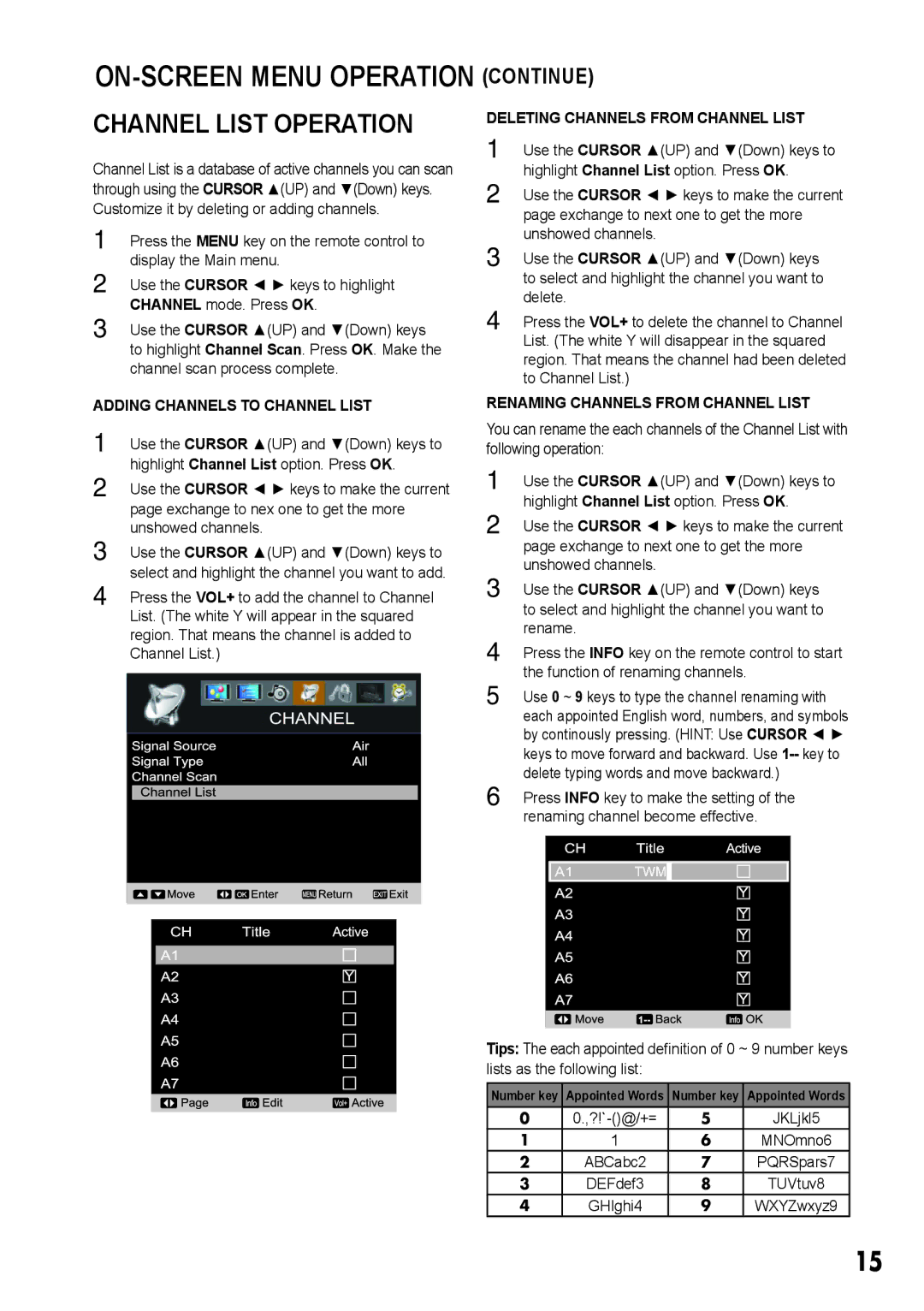 Sanyo LCD-26E3, LCD-32E3 manual Channel List Operation, Adding Channels to Channel List, Deleting Channels from Channel List 