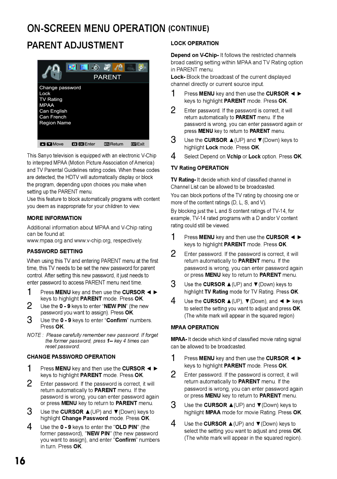 Sanyo LCD-32E3, LCD-19E3, LCD-42E3, LCD-26E3 manual Parent Adjustment 