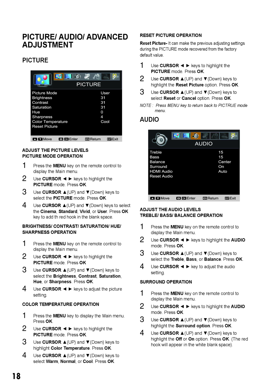 Sanyo LCD-42E3, LCD-32E3, LCD-19E3, LCD-26E3 manual PICTURE/ AUDIO/ Advanced Adjustment 