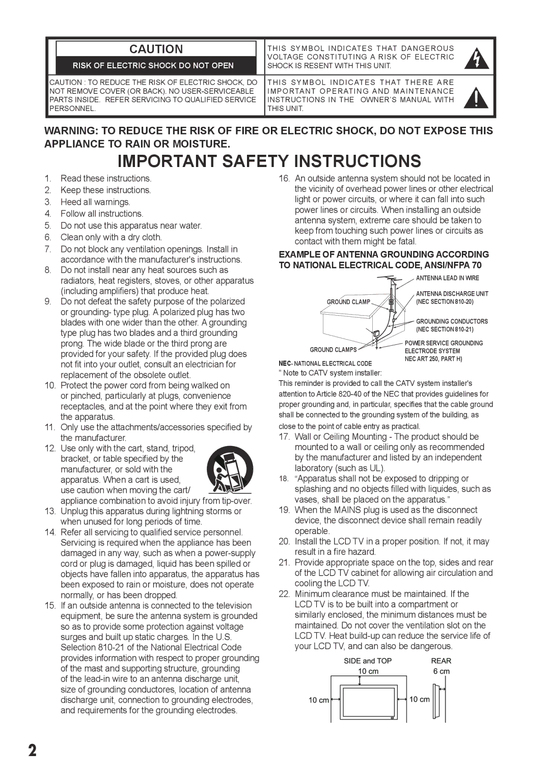 Sanyo LCD-42E3, LCD-32E3, LCD-19E3, LCD-26E3 manual Important Safety Instructions, Risk of Electric Shock do not Open N 