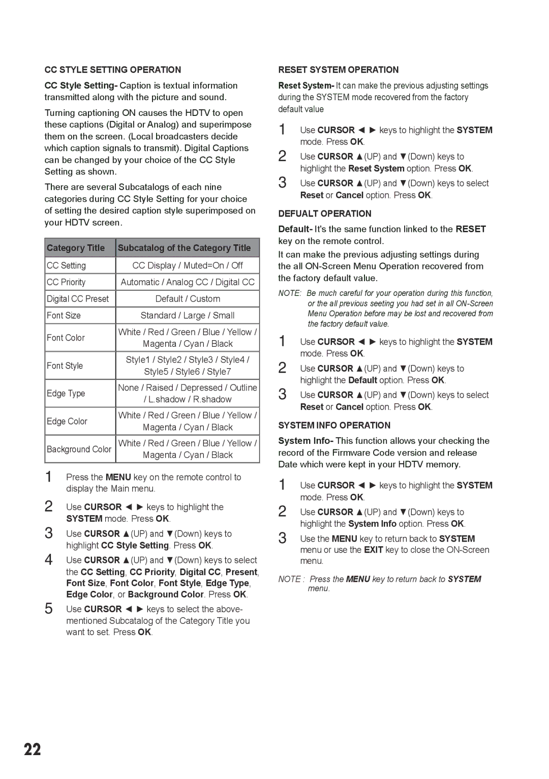 Sanyo LCD-42E3, LCD-32E3, LCD-19E3 CC Style Setting Operation, Category Title, Reset System Operation, Defualt Operation 