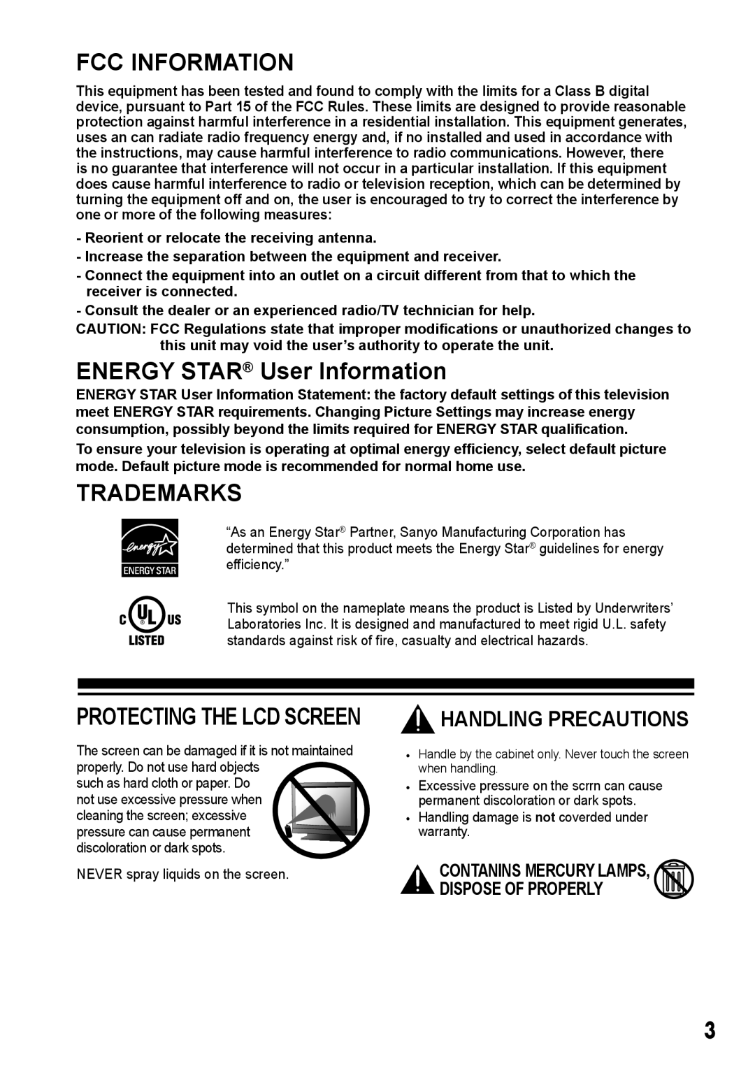 Sanyo LCD-26E3, LCD-32E3, LCD-19E3, LCD-42E3 manual FCC Information, Trademarks, Handling Precautions 