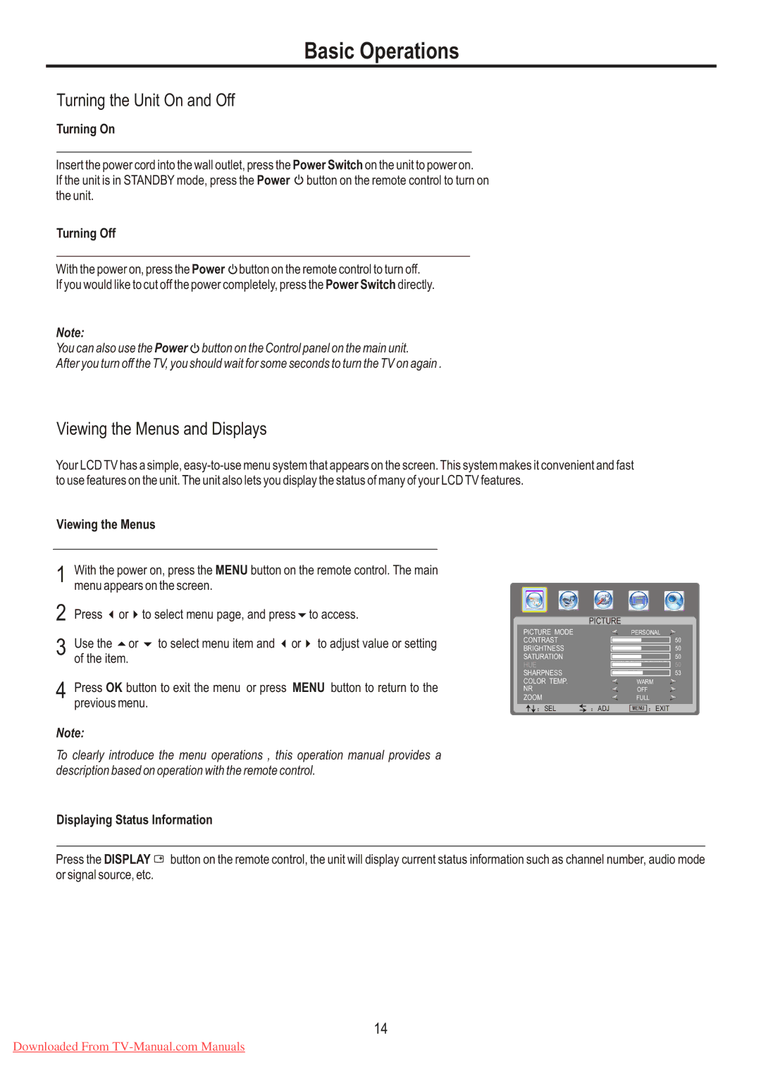 Sanyo LCD-32XR7 instruction manual Basic Operations, Turning the Unit On and Off, Viewing the Menus and Displays 