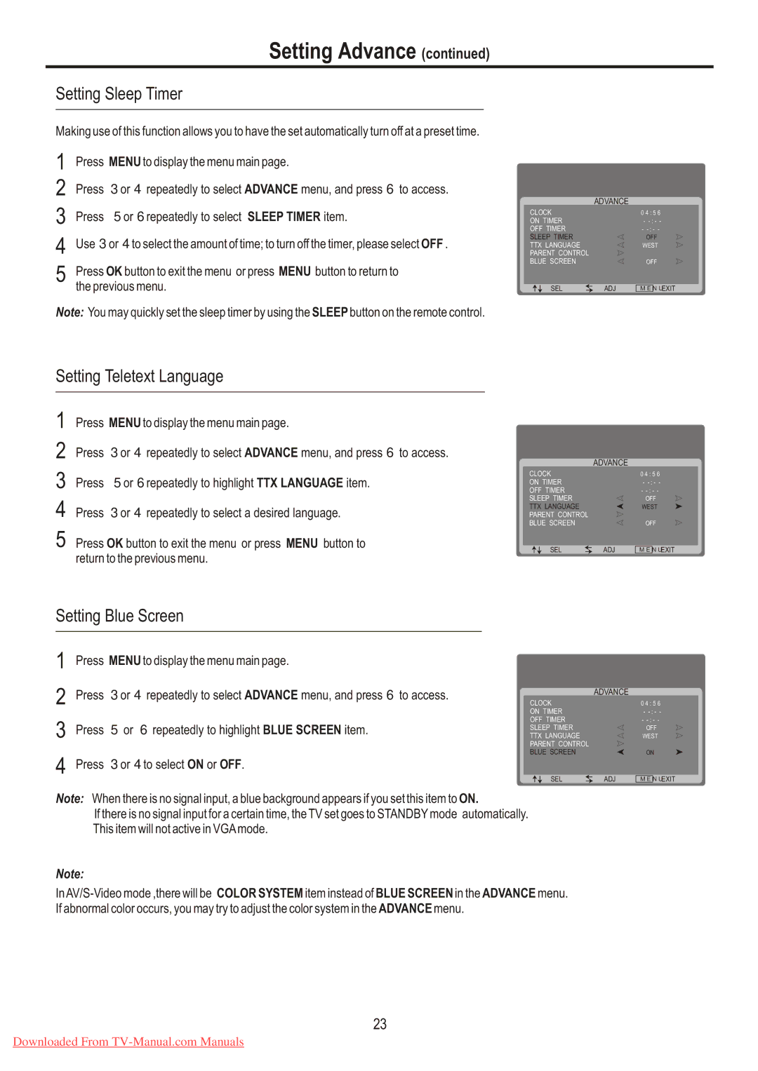 Sanyo LCD-32XR7 instruction manual Setting Sleep Timer, Setting Teletext Language, Setting Blue Screen 