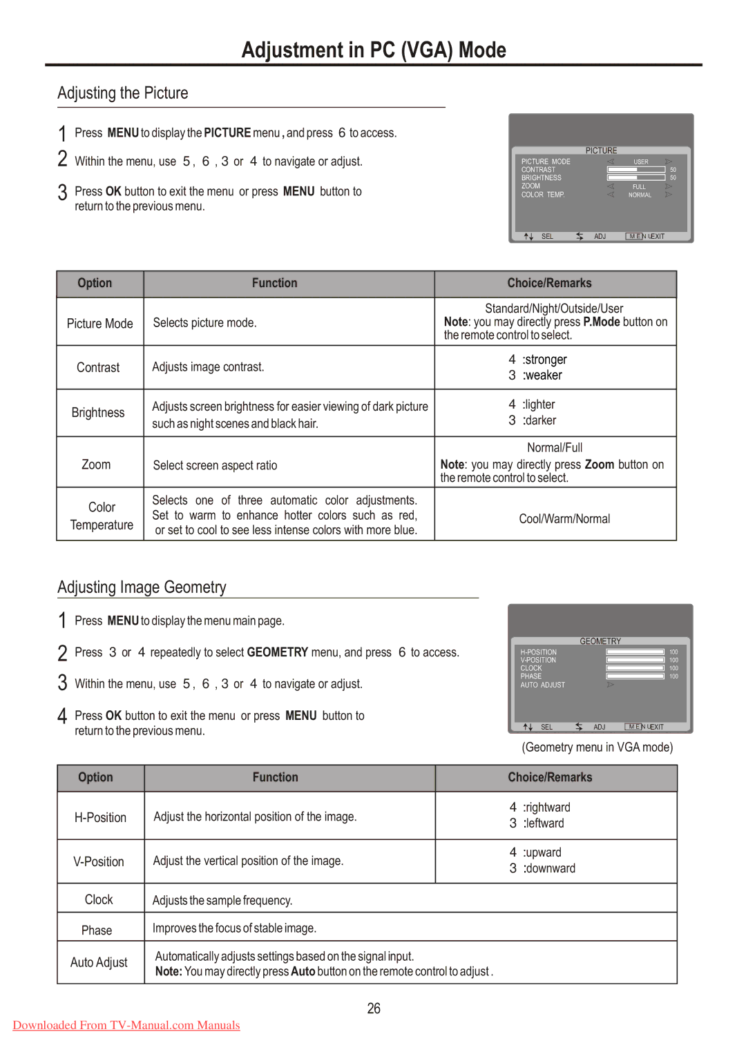 Sanyo LCD-32XR7 instruction manual Adjustment in PC VGA Mode, Adjusting the Picture, Adjusting Image Geometry 