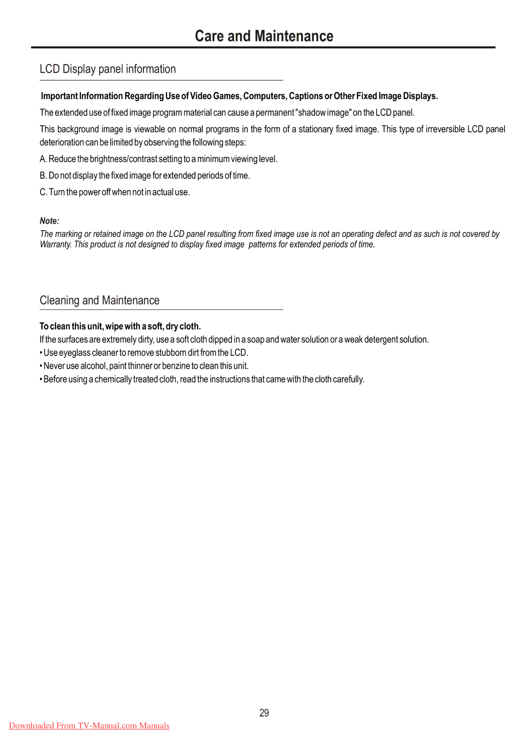 Sanyo LCD-32XR7 instruction manual Care and Maintenance, LCD Display panel information, Cleaning and Maintenance 