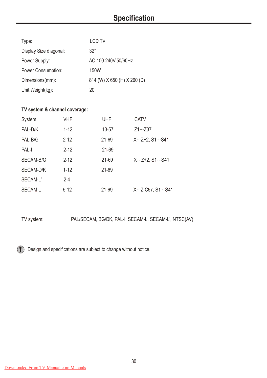 Sanyo LCD-32XR7 instruction manual Specification, TV system & channel coverage 