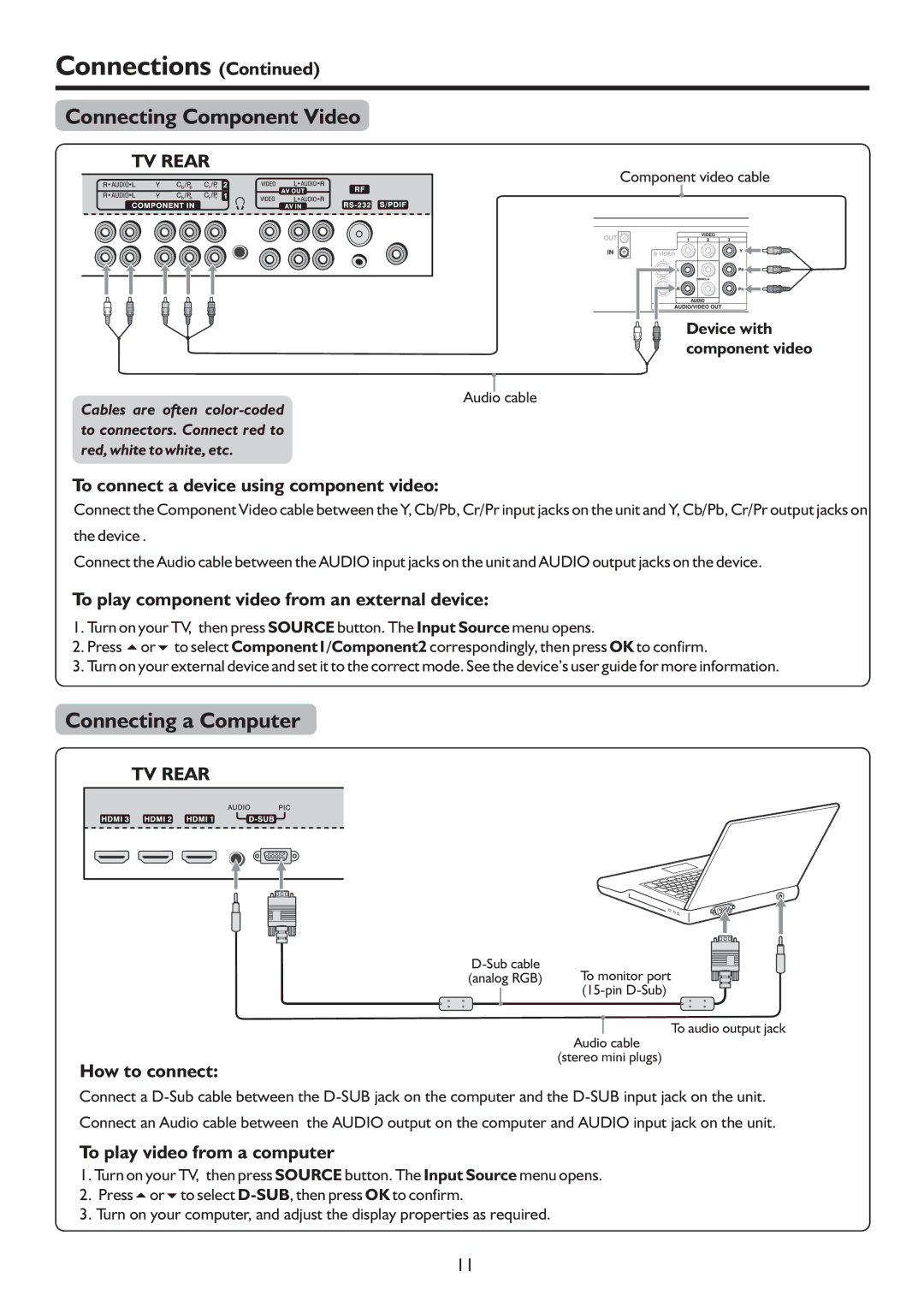 Sanyo LCD-37XR9DA Connecting Component Video, Connecting a Computer, To connect a device using component video 