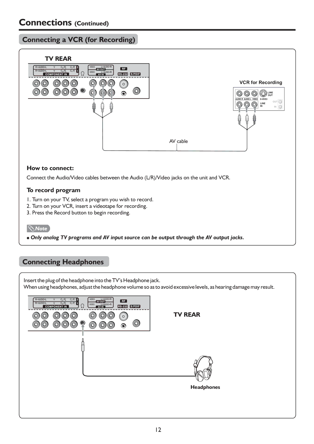 Sanyo LCD-37XR9DA instruction manual Connecting a VCR for Recording, Connecting Headphones, To record program 