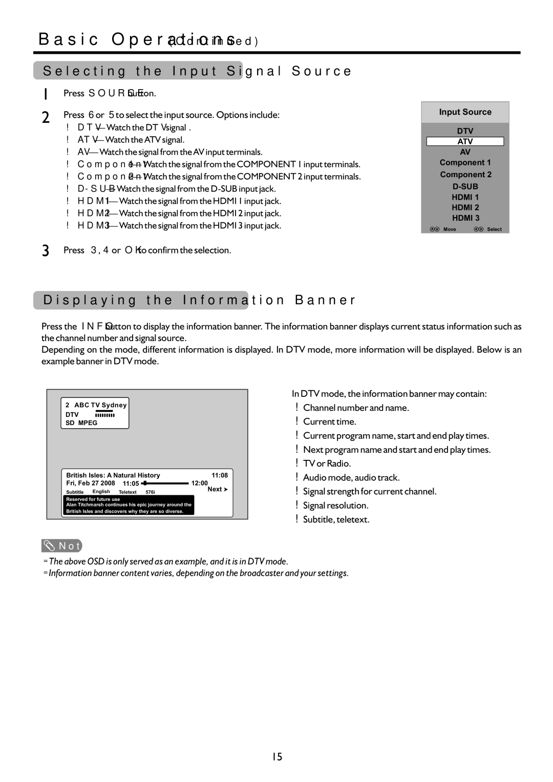 Sanyo LCD-37XR9DA instruction manual Selecting the Input Signal Source, Displaying the Information Banner 