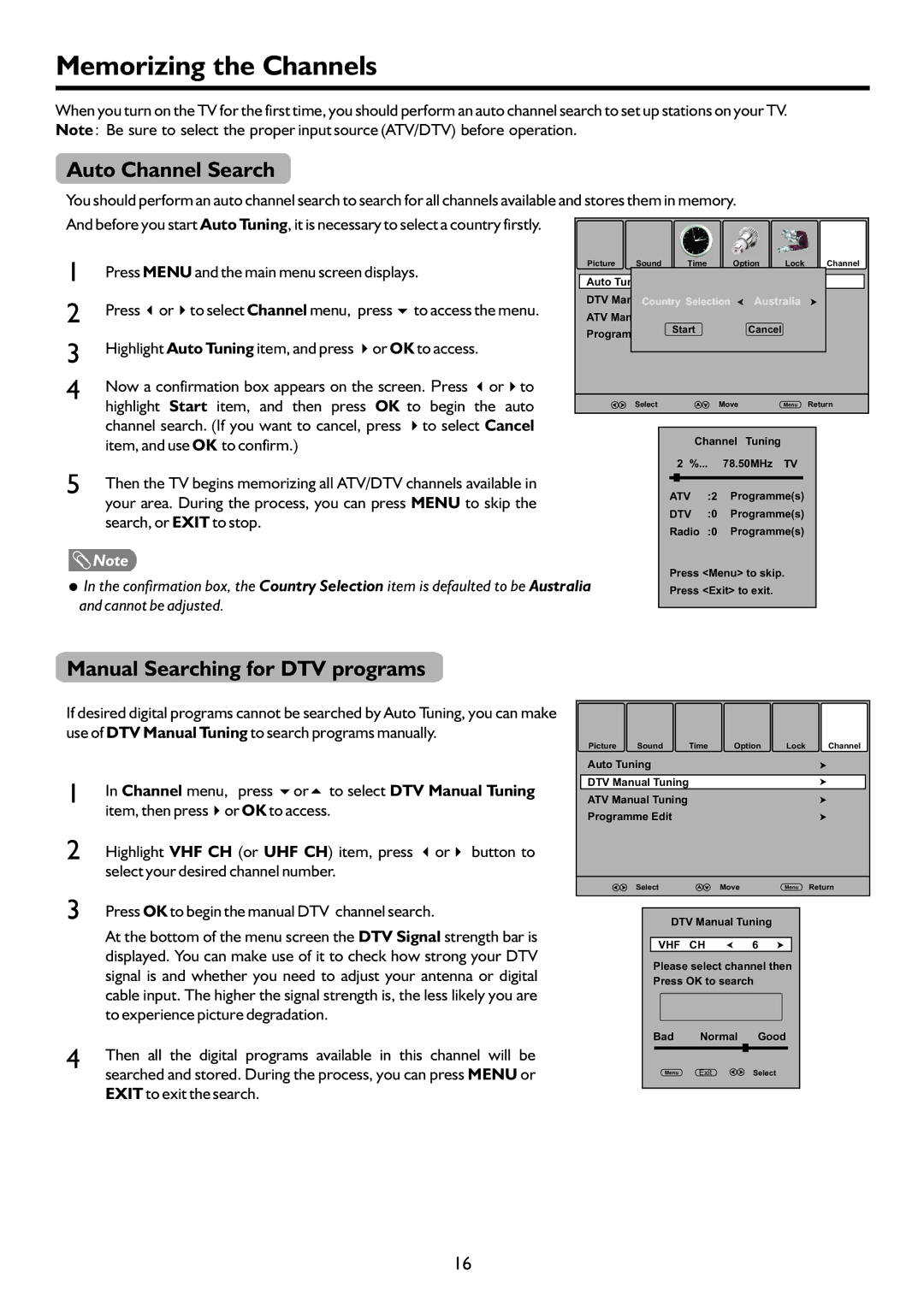 Sanyo LCD-37XR9DA instruction manual Memorizing the Channels, Auto Channel Search, Manual Searching for DTV programs 