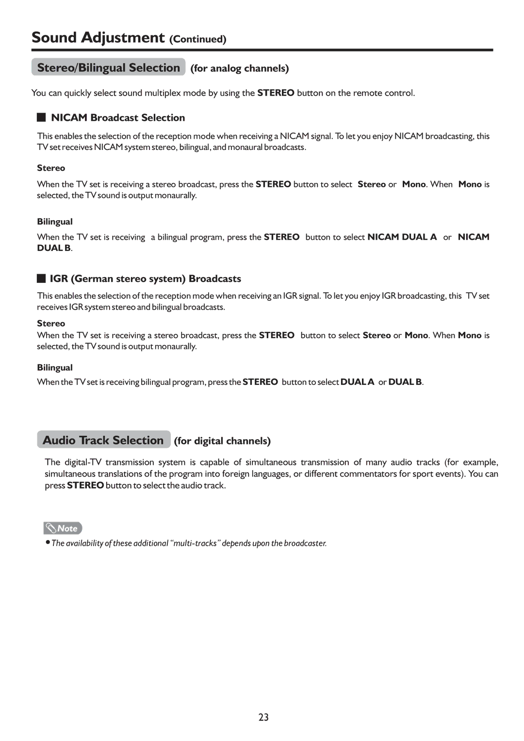 Sanyo LCD-37XR9DA Stereo/Bilingual Selection for analog channels, Audio Track Selection for digital channels 