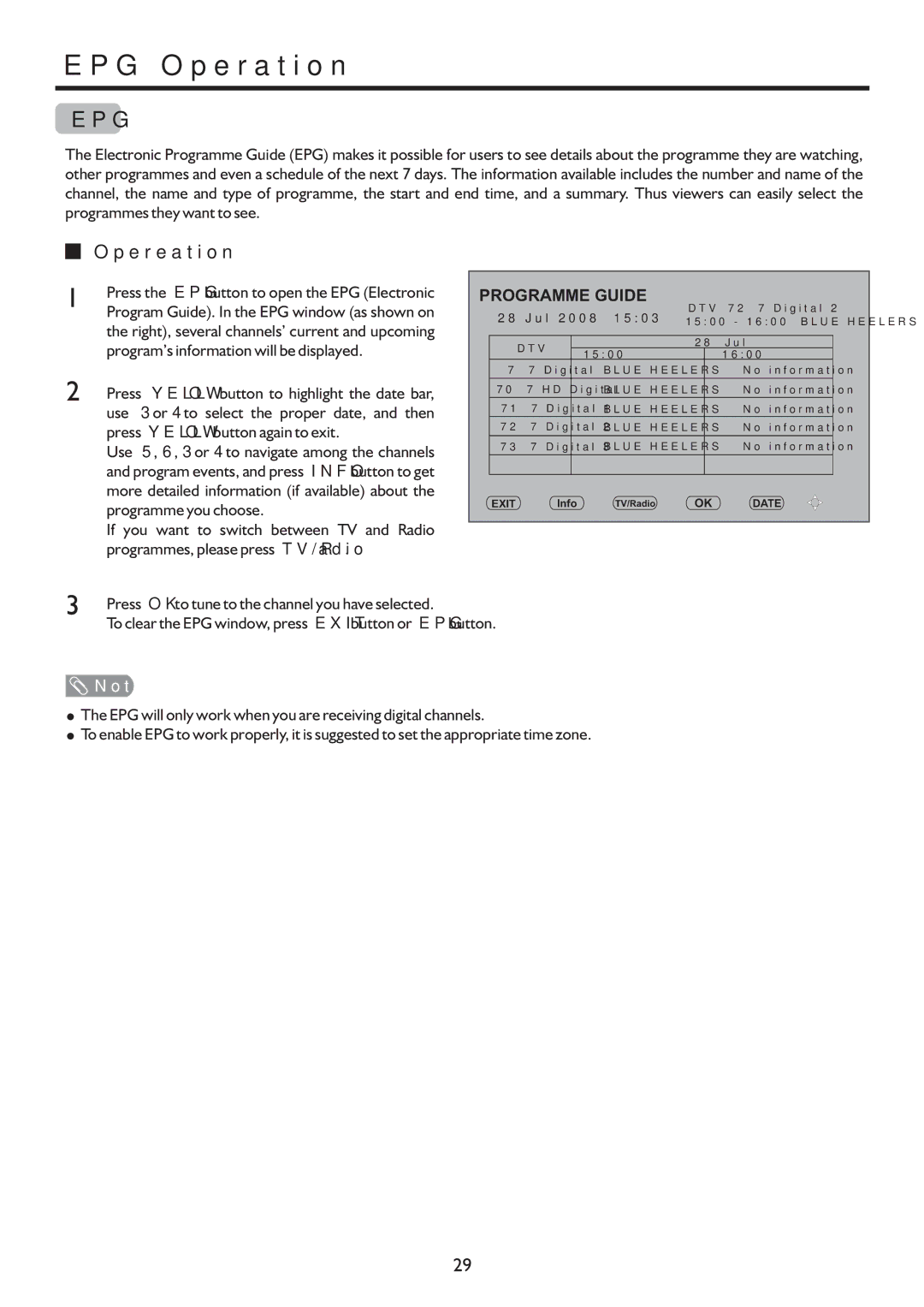 Sanyo LCD-37XR9DA EPG Operation, Opereation, Program’s information will be displayed, Press Yellow button again to exit 