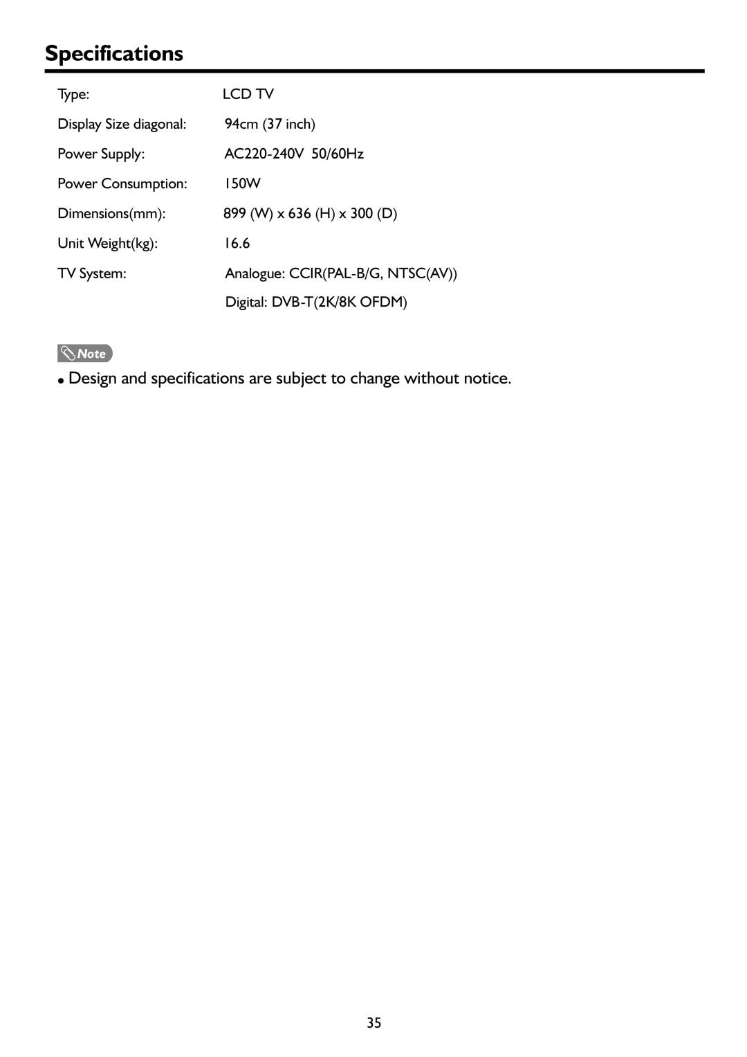 Sanyo LCD-37XR9DA instruction manual Specifications, Lcd Tv 