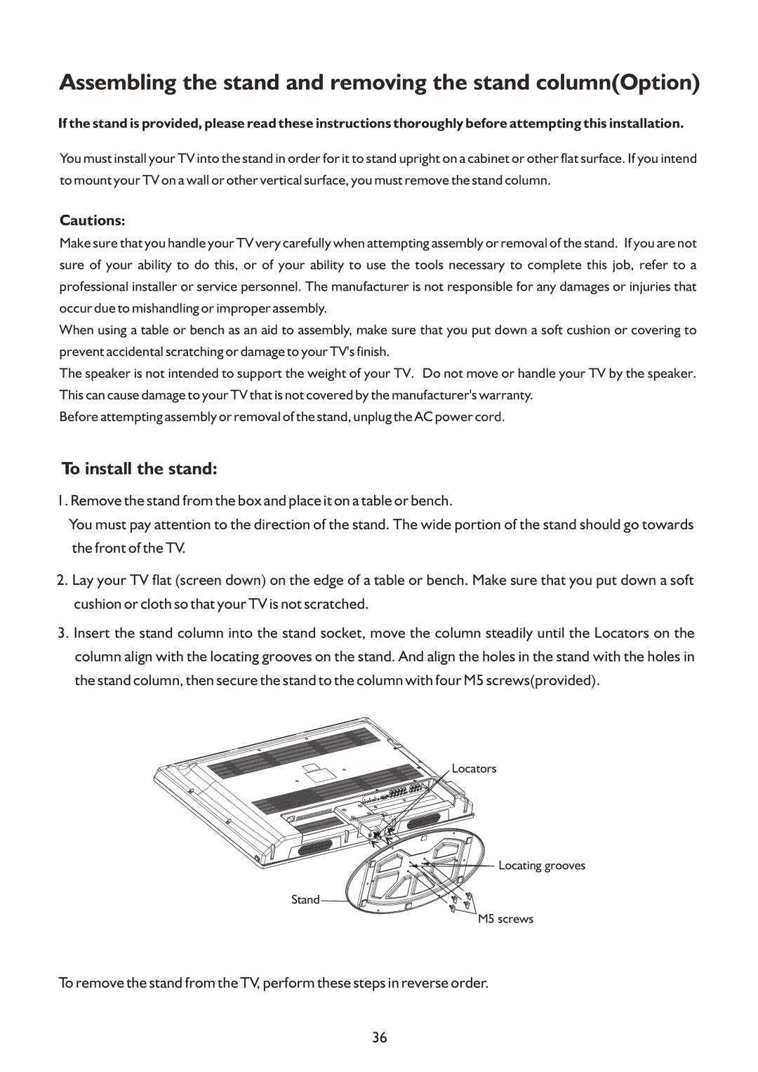 Sanyo LCD-37XR9DA instruction manual Assembling the stand and removing the stand columnOption, To install the stand 