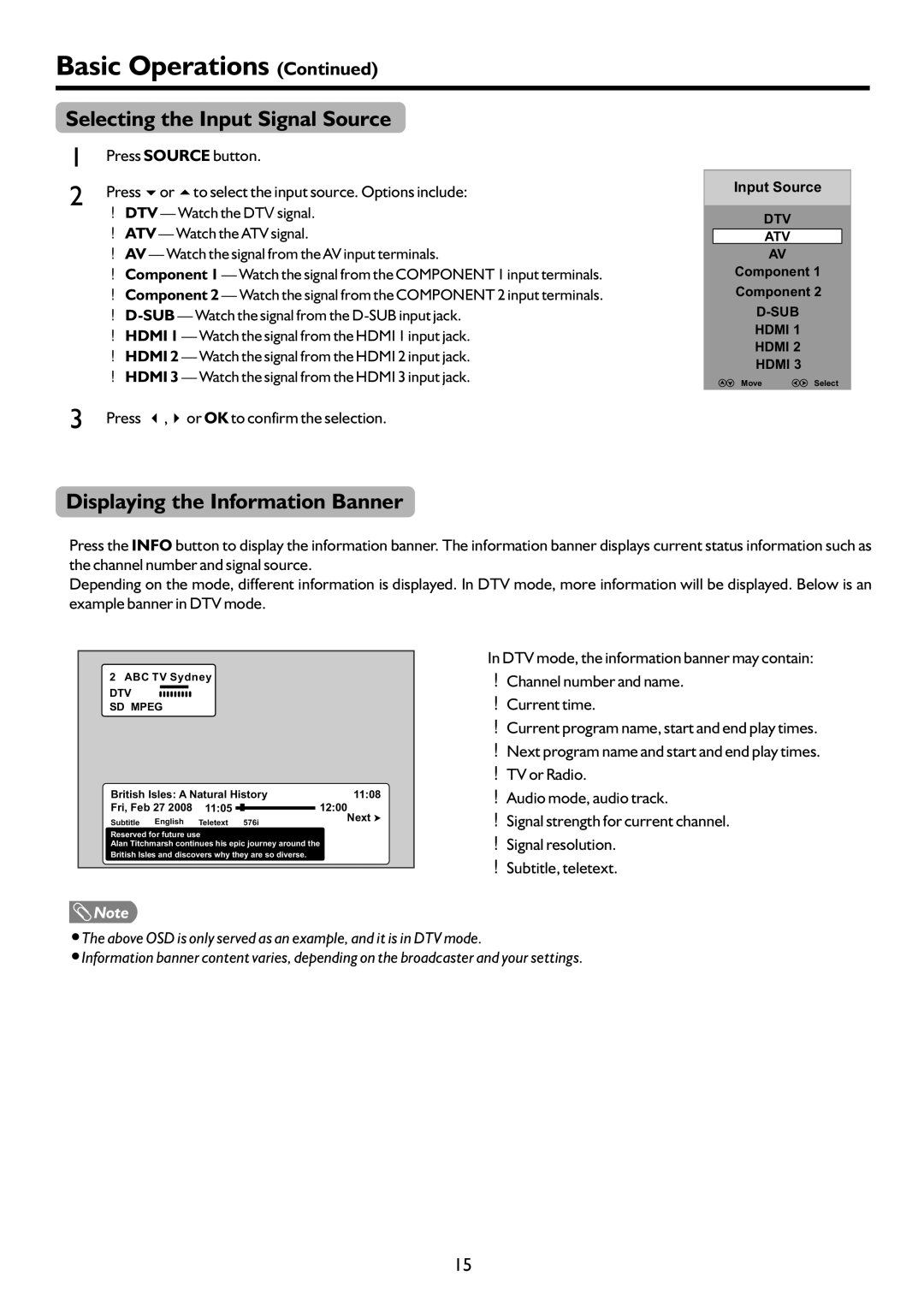 Sanyo LCD-37XR9SDA instruction manual Selecting the Input Signal Source, Displaying the Information Banner 